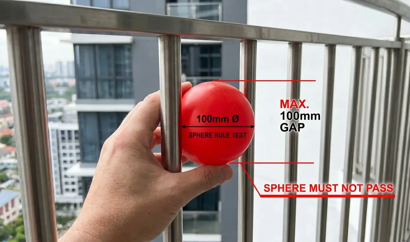 Hand holding a 100mm red sphere against stainless steel balustrade infill to demonstrate the maximum gap rule for SANS compliance