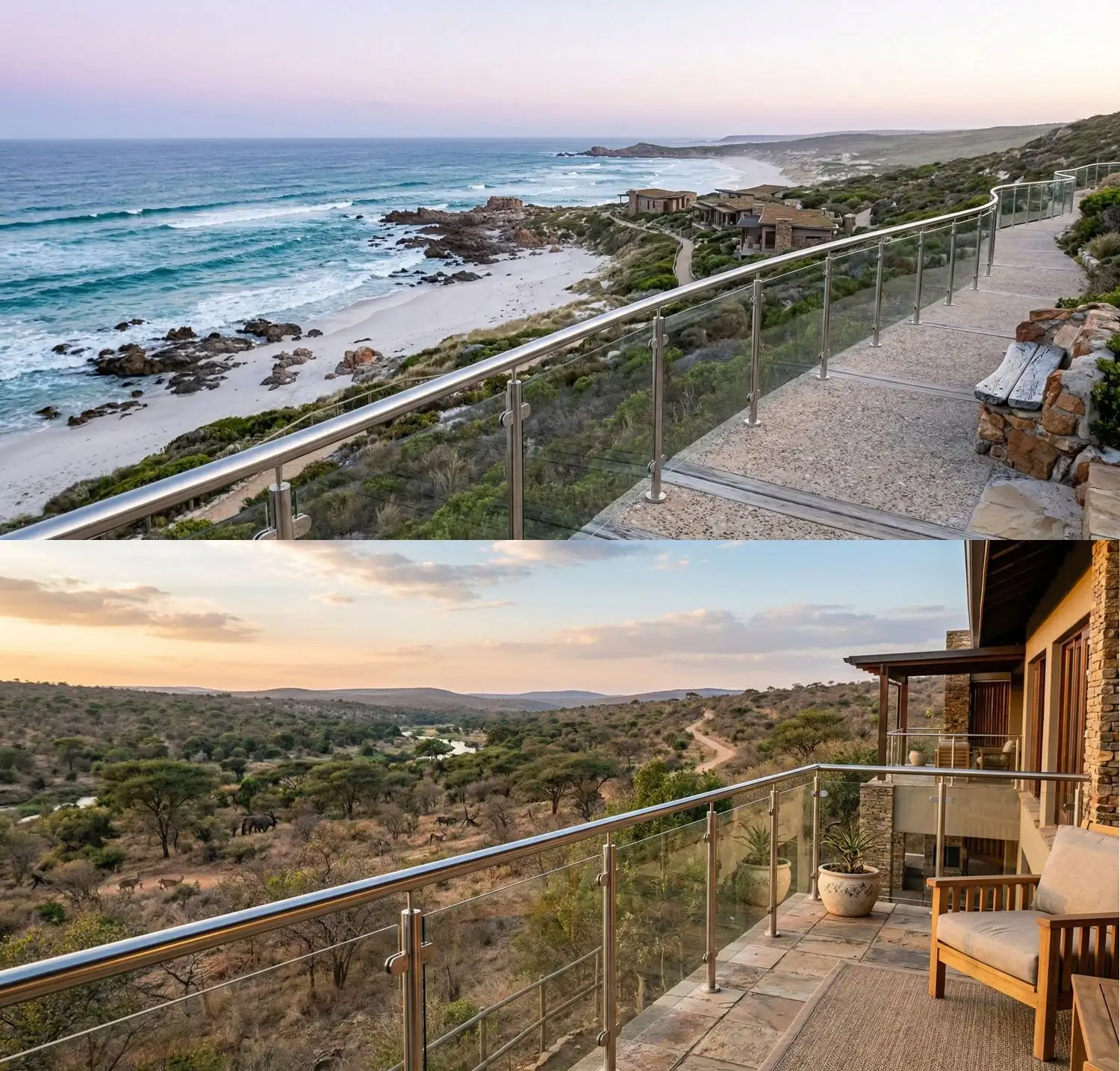 316 marine grade stainless steel balustrade on coastal property overlooking the Atlantic Ocean, compared with 304 grade stainless steel balustrade on inland South African property overlooking the bushveld