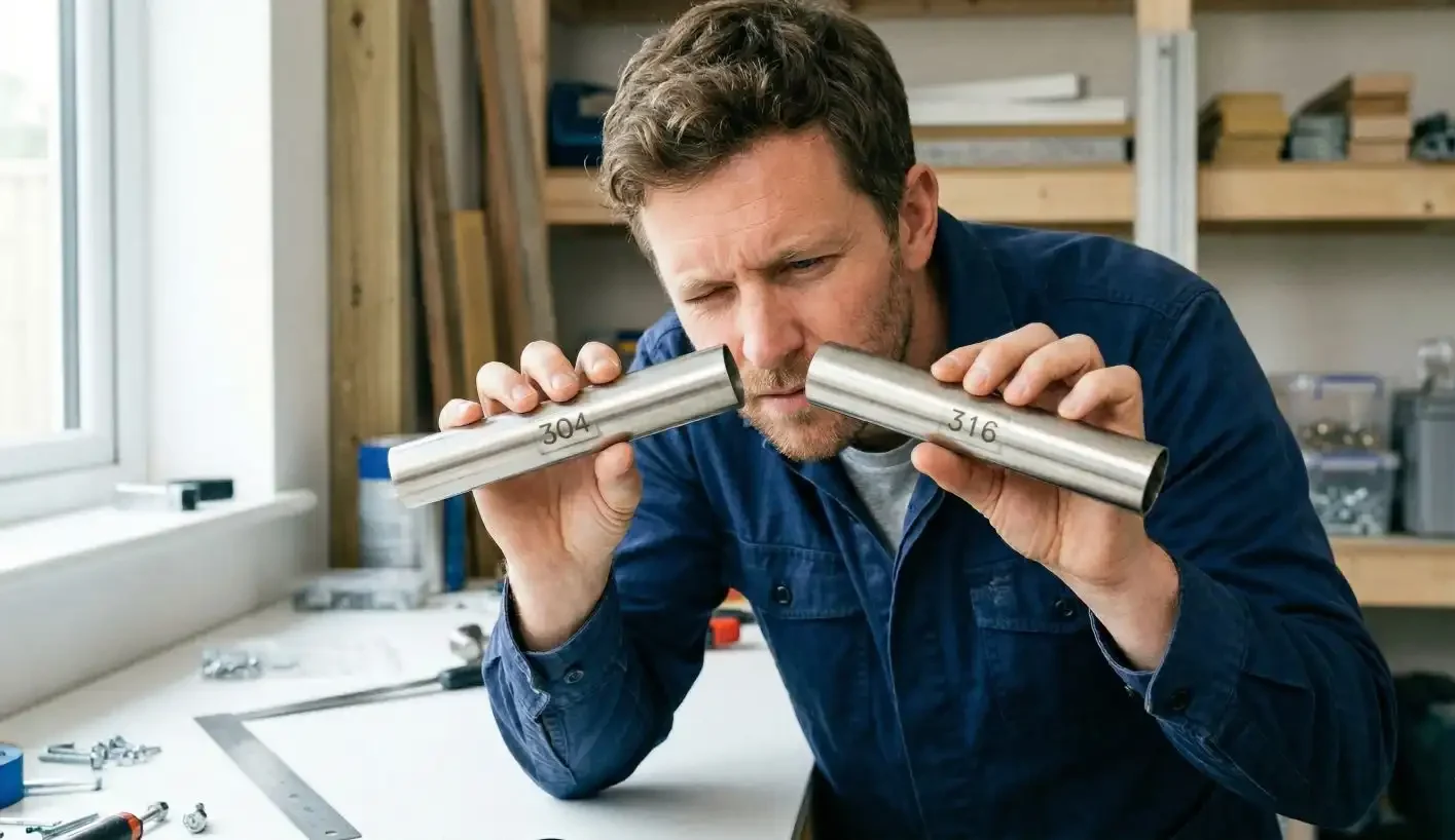 Man in a workshop closely inspecting and comparing 304 and 316 grade stainless steel tubes when choosing balustrade components