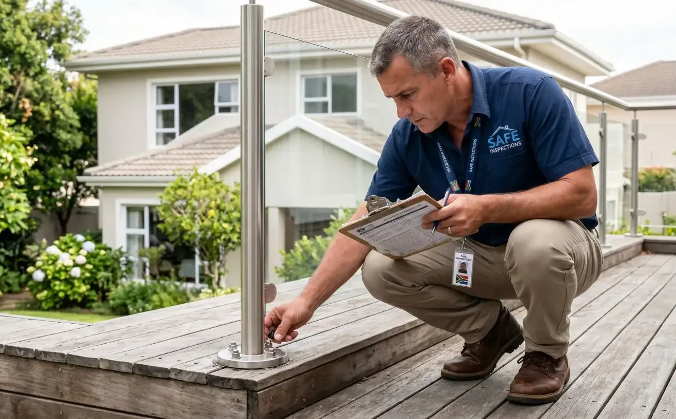 Building inspector checking the base fixing of a stainless steel balustrade post on a timber deck and recording findings on a clipboard