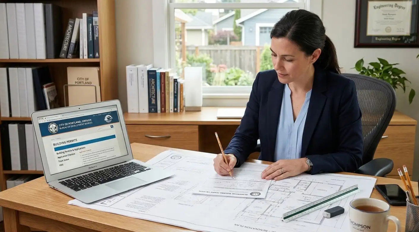 Homeowner reviewing residential building permit application and renovation plans at a desk with a laptop showing a building permits website