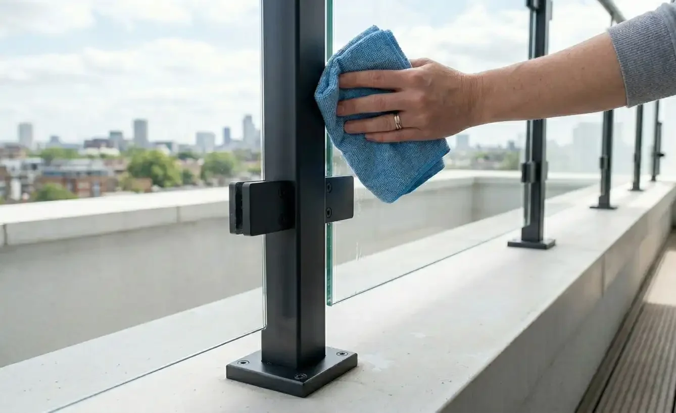 Hand cleaning a matt black powder-coated frameless glass balustrade with a microfibre cloth on an outdoor balcony