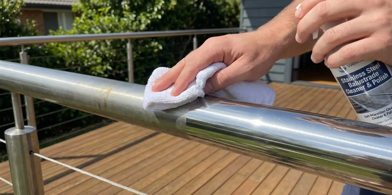 Hands applying stainless steel balustrade cleaner and polish to a round tube handrail with a soft cloth on a timber deck