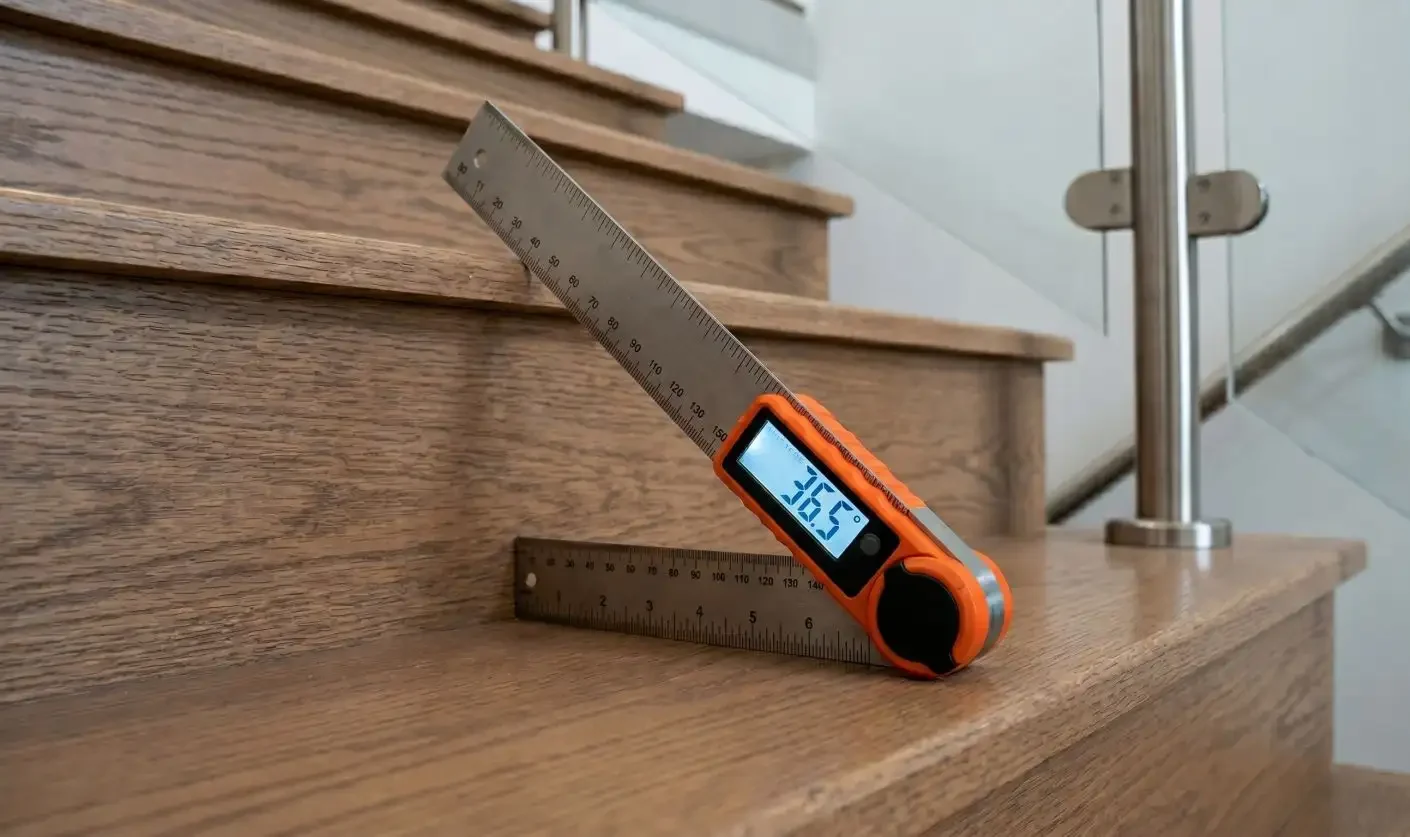 Digital angle finder measuring a 36.5 degree staircase pitch for balustrade installation next to a stainless steel handrail