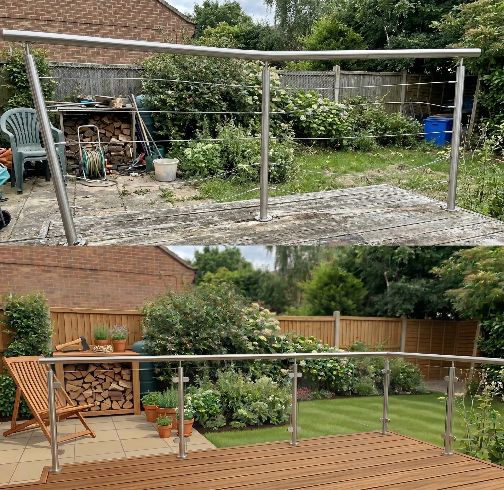 Comparison of incorrect DIY balustrade installation with misaligned stanchions alongside a correctly installed professional-finish stainless steel glass panel balustrade