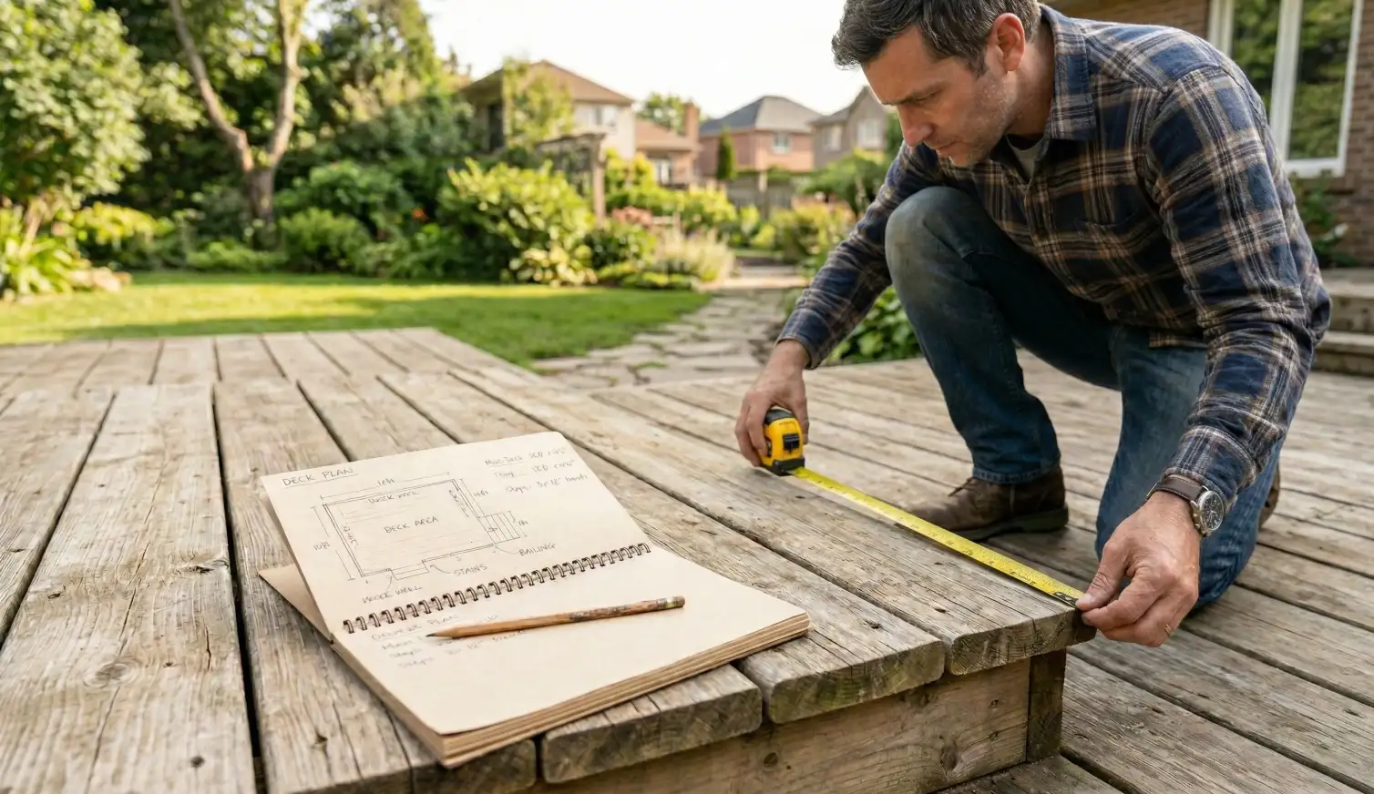 DIY homeowner using a tape measure to measure a timber deck for stainless steel balustrade installation