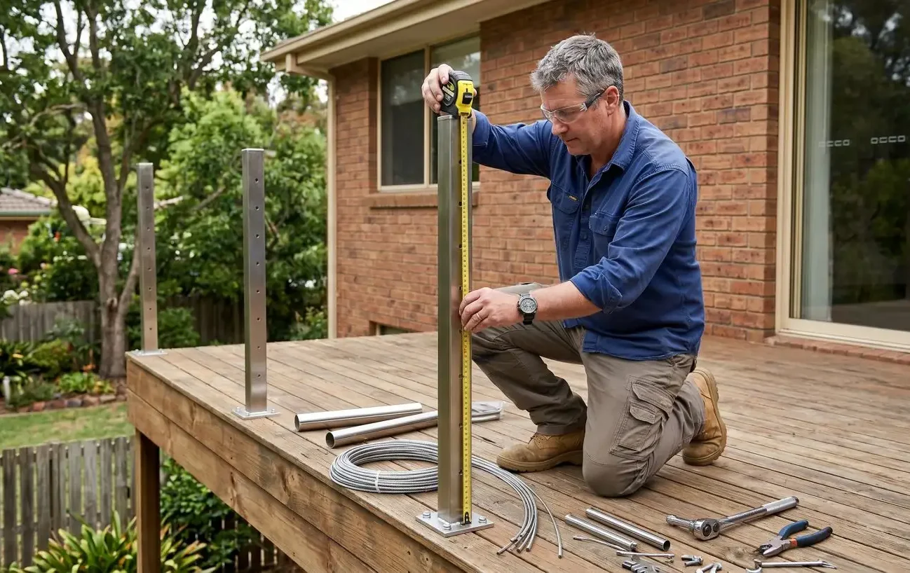 DIY homeowner measuring the height of a stainless steel balustrade post on a timber deck with cable and tools laid out nearby