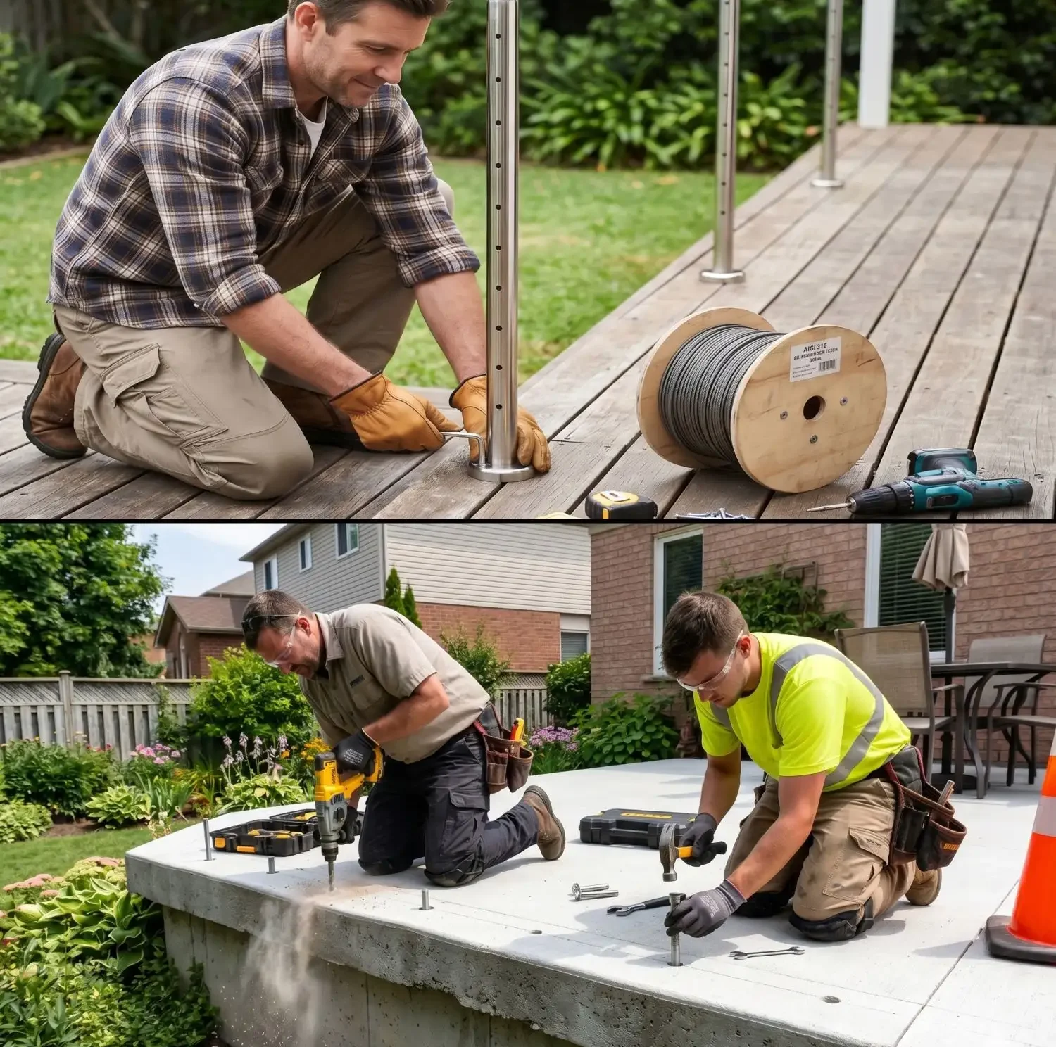 Split image comparing a DIY homeowner installing a stainless steel cable balustrade post on a timber deck above and two professional installers drilling anchor fixings into concrete below