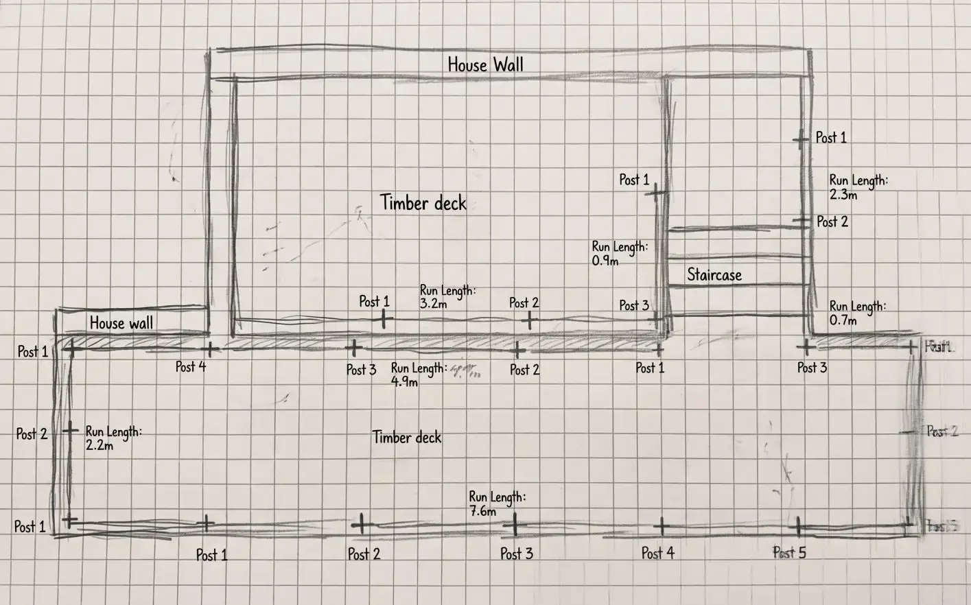 Hand-drawn grid paper sketch of a timber deck balustrade layout showing post positions, run lengths, staircase, and house wall measurements