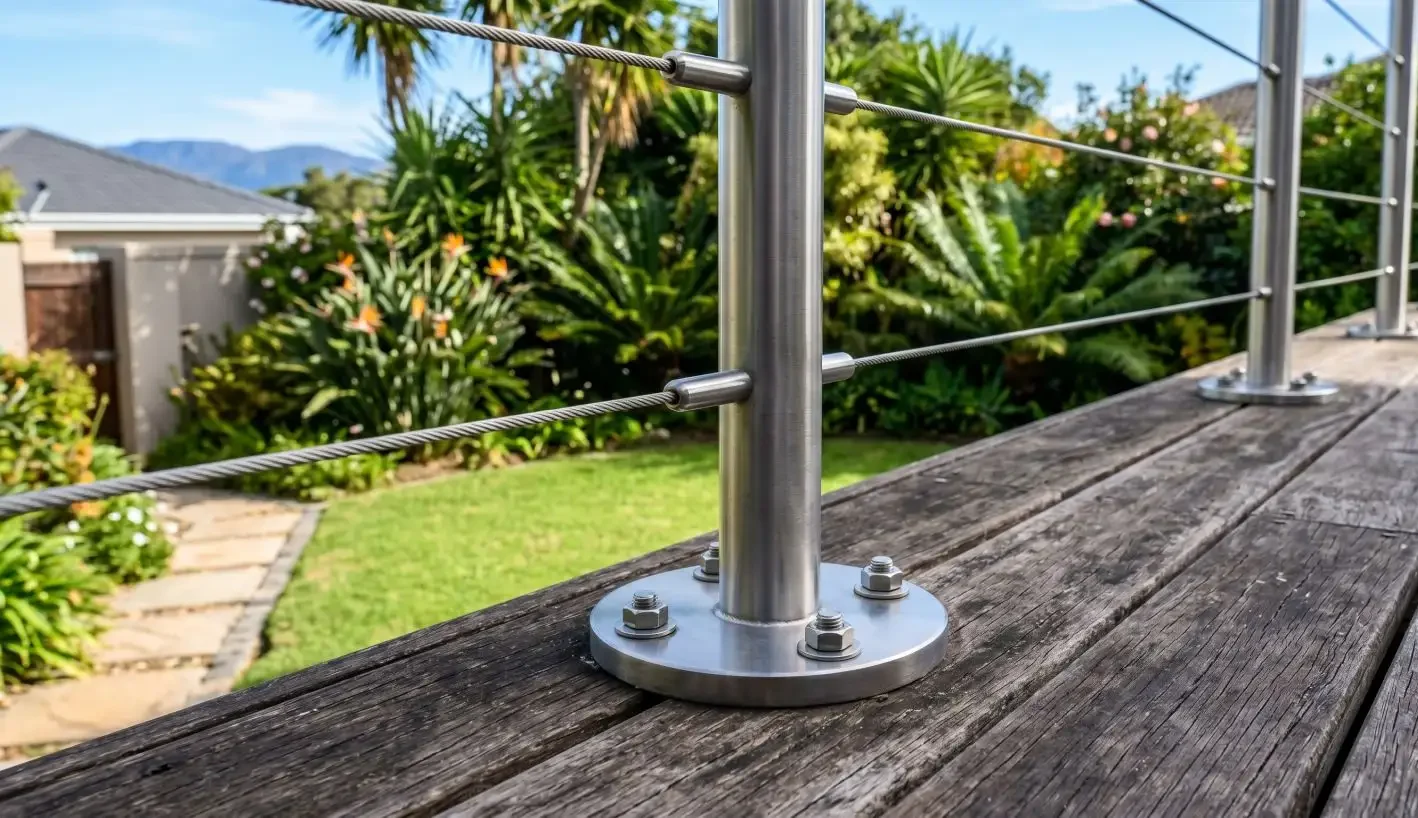 Close-up of a no-weld stainless steel cable balustrade showing a round base flange bolted to a timber deck with cable threaded through the post in a South African garden