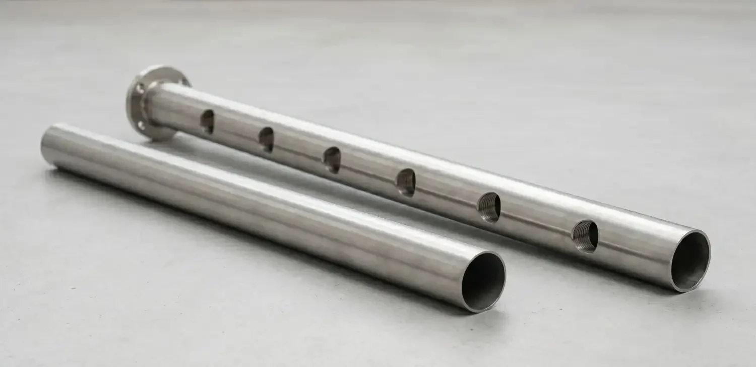 Pre-drilled stainless steel stanchion with base flange alongside a plain round tube showing the cable hole drilling for DIY balustrade assembly