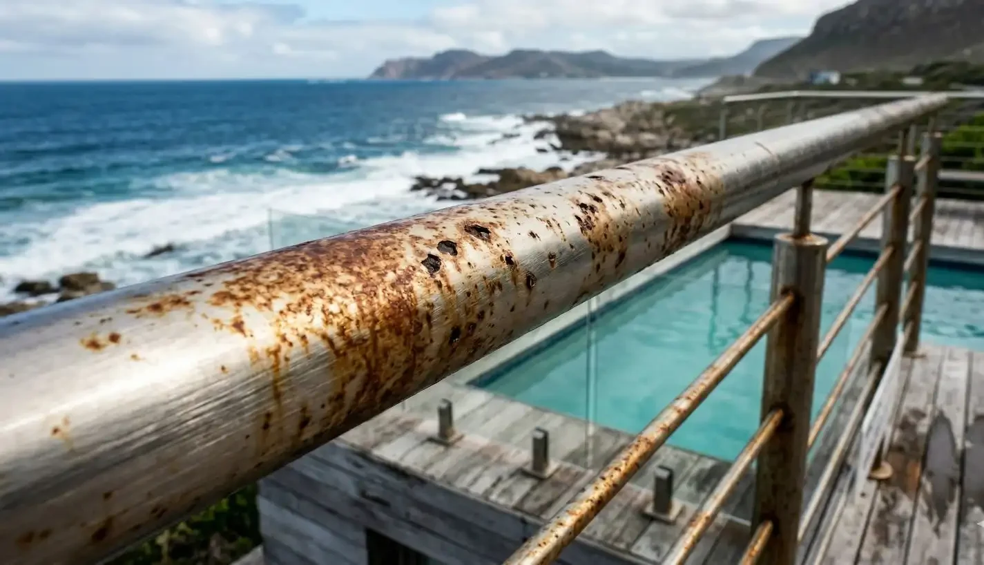 Heavily rusted stainless steel balustrade handrail on a coastal South African property with ocean views, showing the consequence of using the wrong grade near saltwater
