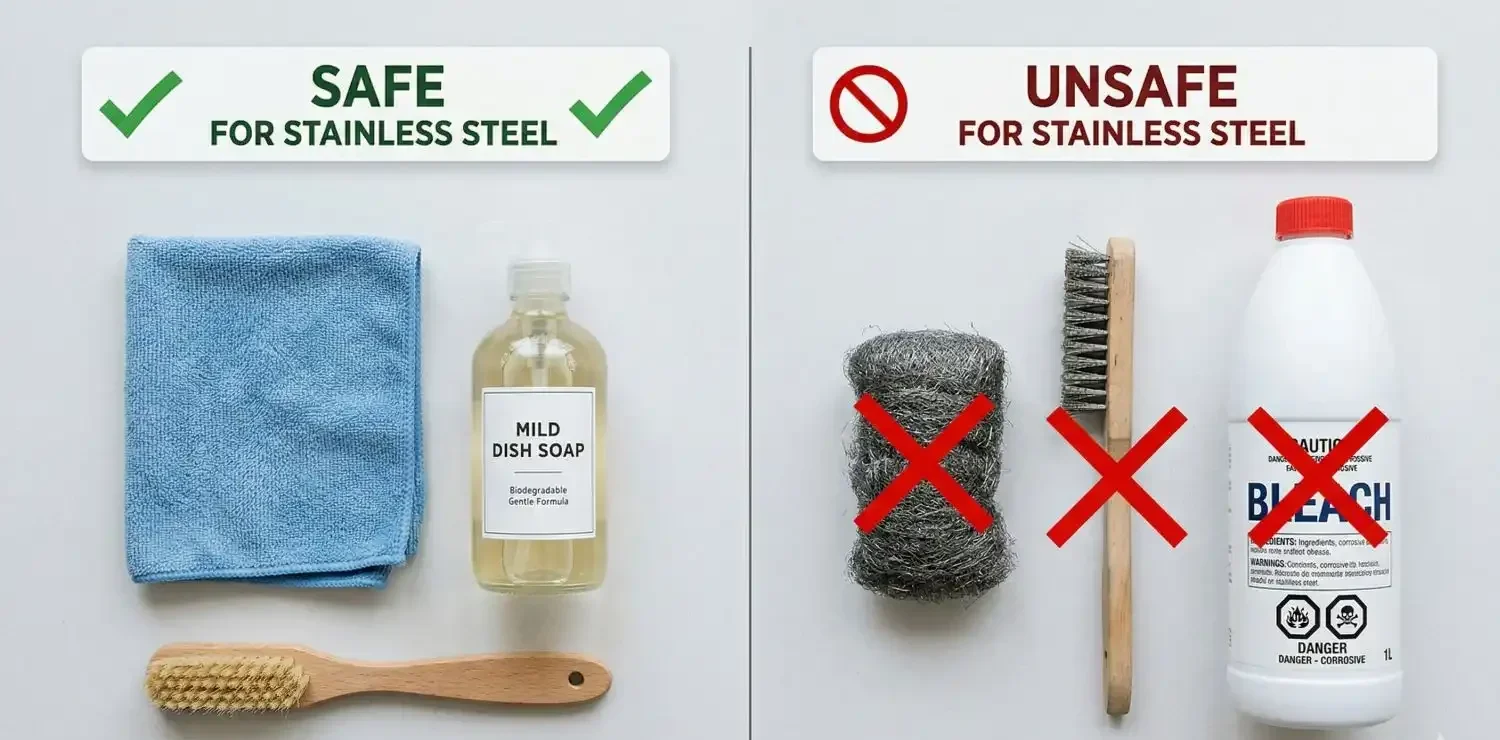 Infographic comparing safe and unsafe cleaning products for stainless steel balustrades: microfibre cloth and mild soap vs steel wool, wire brush, and bleach