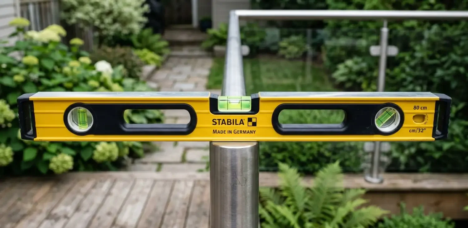 Spirit level placed on top of a stainless steel balustrade post to check it is plumb during a DIY deck installation