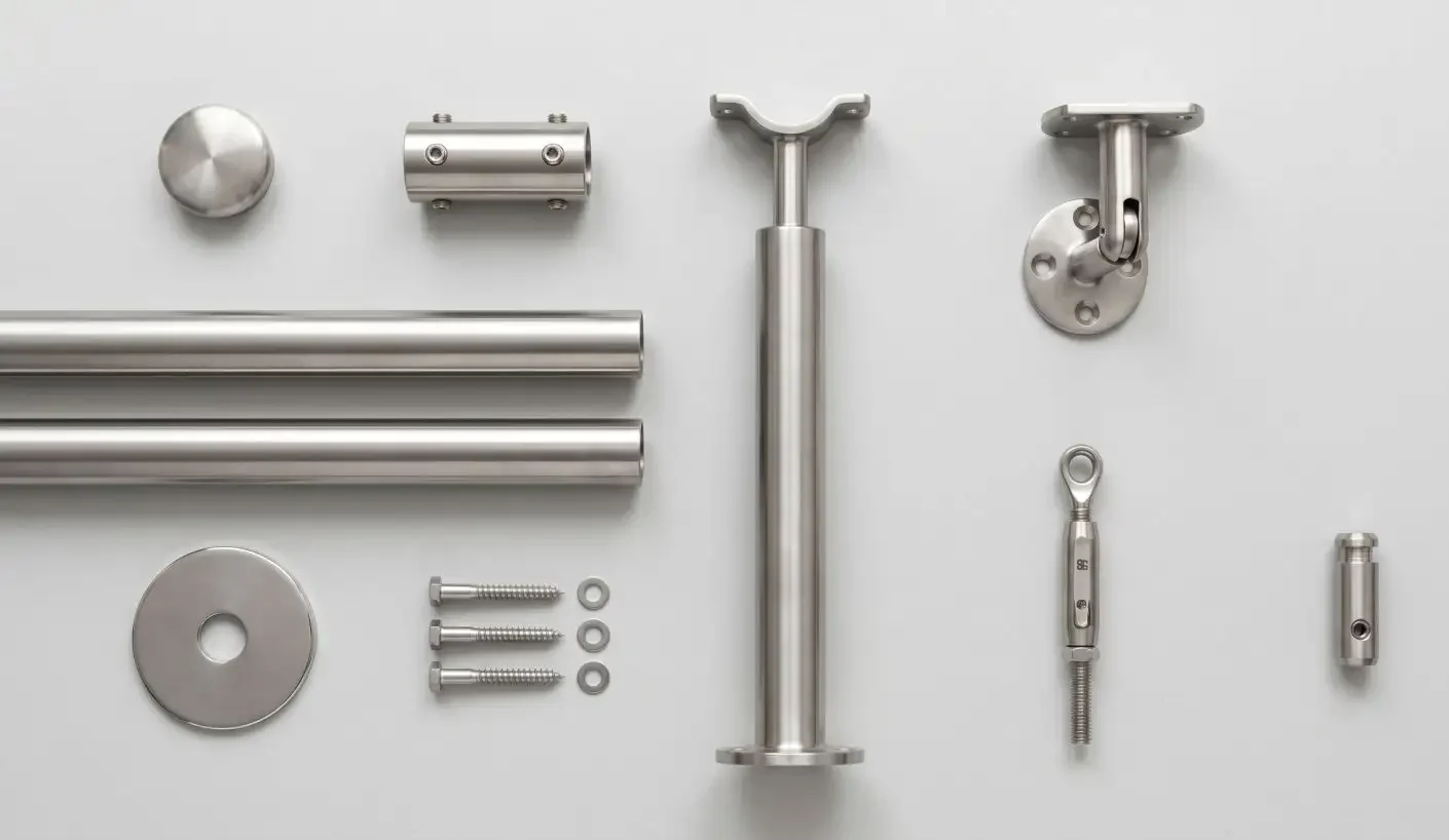 Flatlay of stainless steel balustrade components including tubes, a stanchion, end cap, joiners, wall bracket, tensioner, and fixing screws