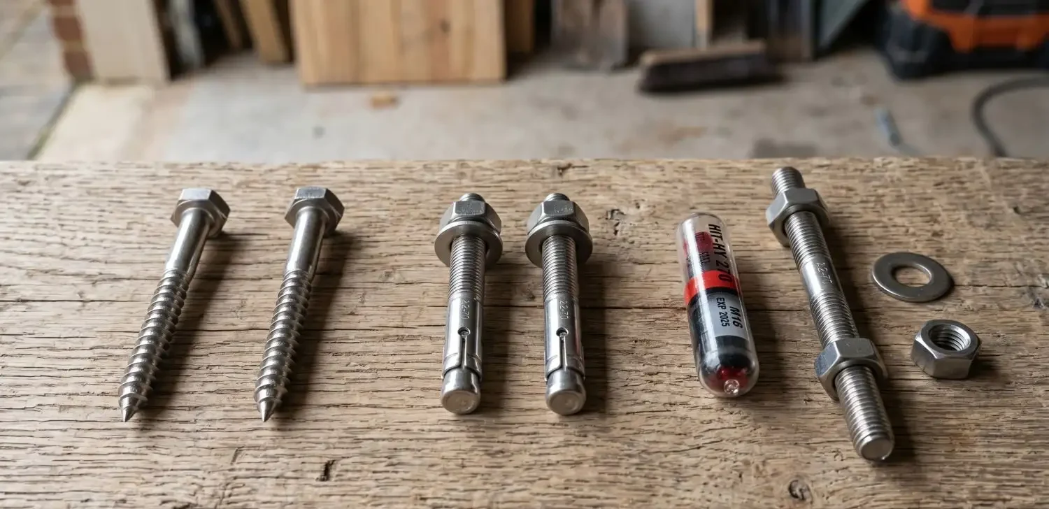 Stainless steel balustrade fixing hardware laid out on timber including coach screws, sleeve anchors, a chemical anchor capsule, and a threaded rod with nut and washer