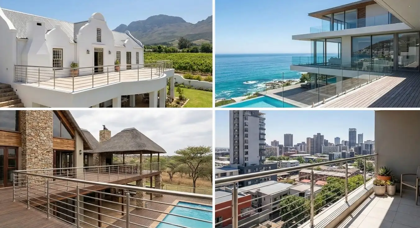 Four stainless steel balustrade styles on South African homes: Cape Dutch vineyard property, coastal Camps Bay home with glass infill, bushveld entertainment deck, and urban Cape Town apartment balcony