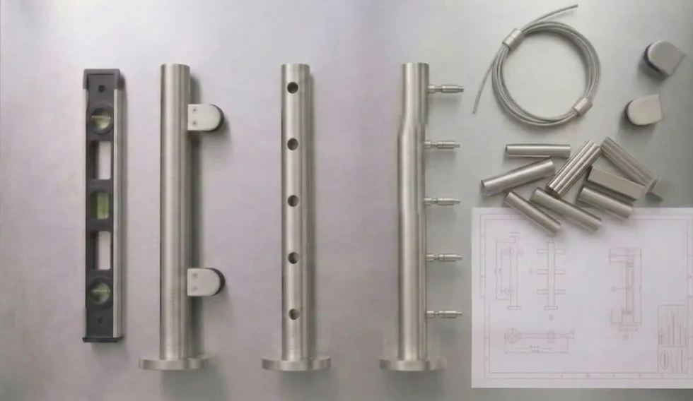 Flat-lay of three stainless steel stanchion variants — glass clip stanchion, round tube stanchion, and cable stanchion — with spirit level, cable fittings, and installation plans on a brushed steel surface