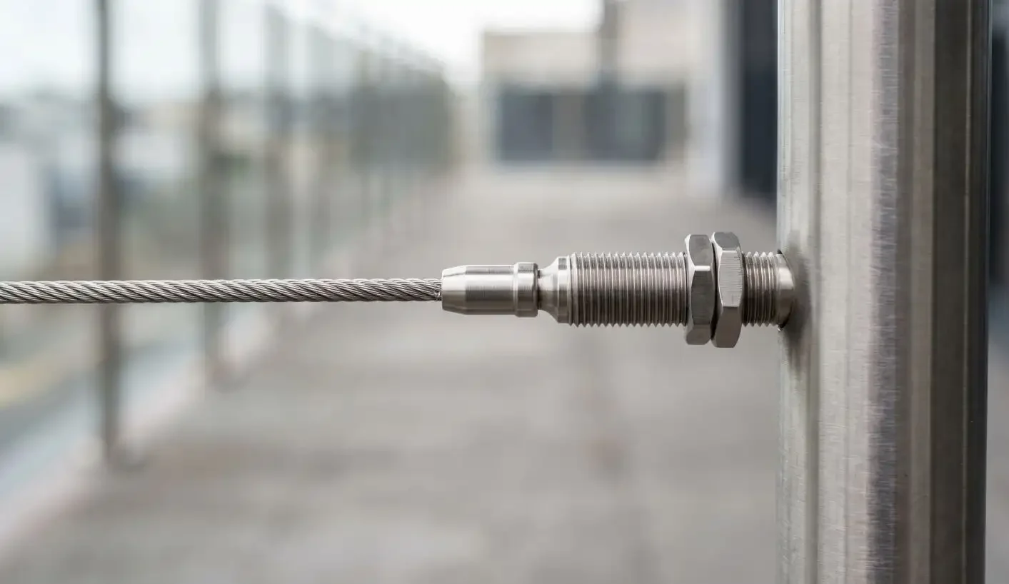 Close-up of a stainless steel cable tensioner threaded through a balustrade post showing the locking nut and swaged cable end