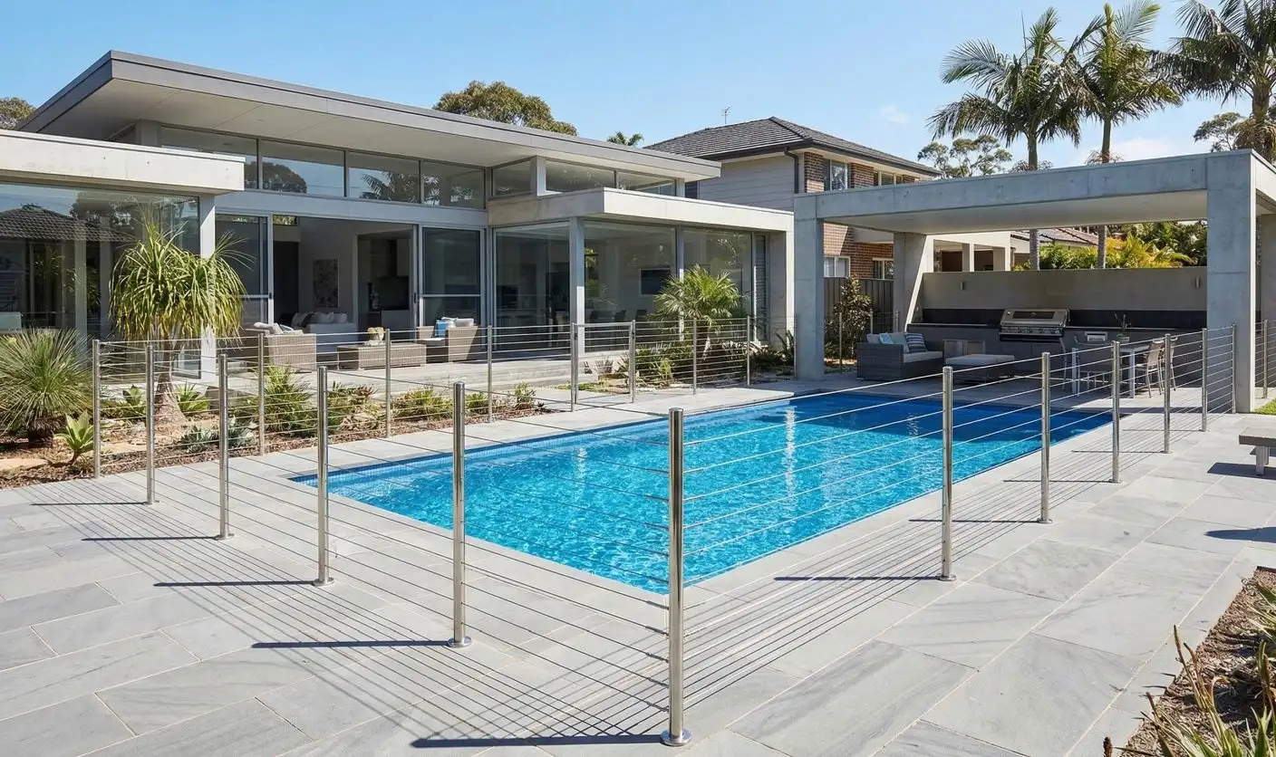 Modern home swimming pool surrounded by stainless steel round tube balustrade fencing on paved entertainment area