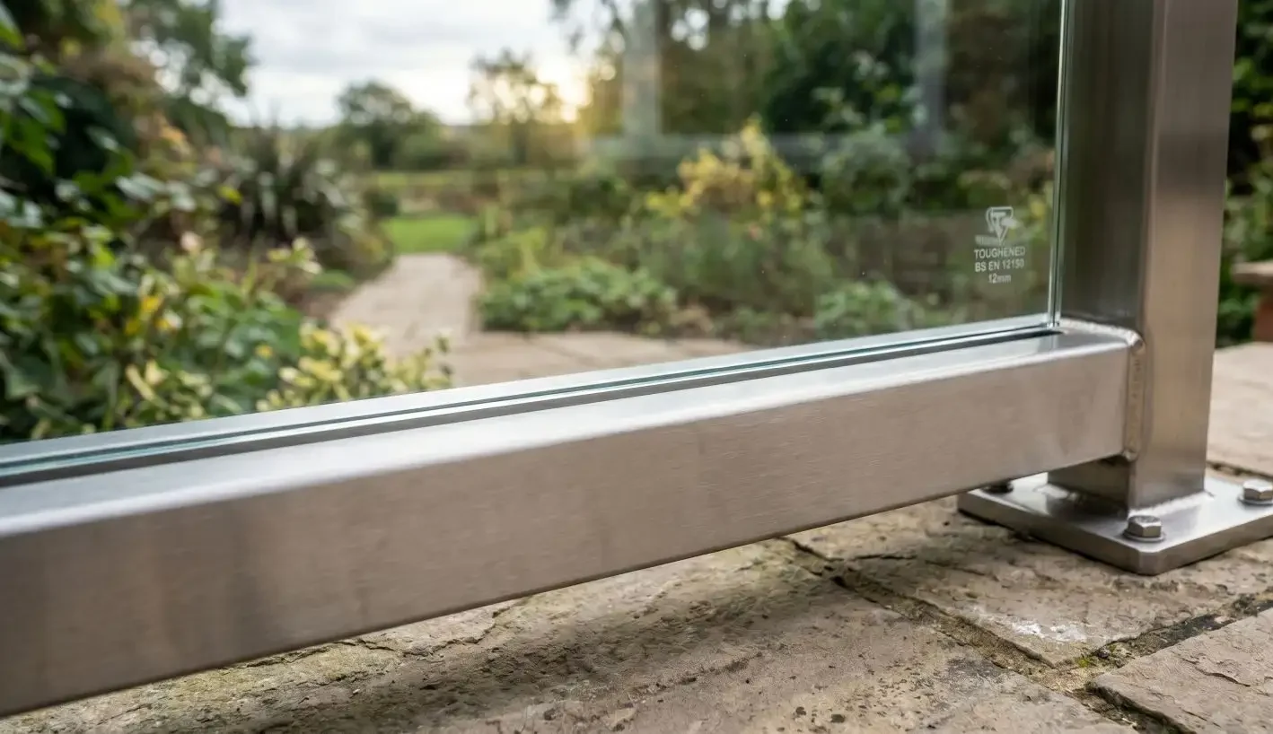 Close-up of a stainless steel slotted square base rail holding toughened glass infill panels on a stone patio with a garden backdrop