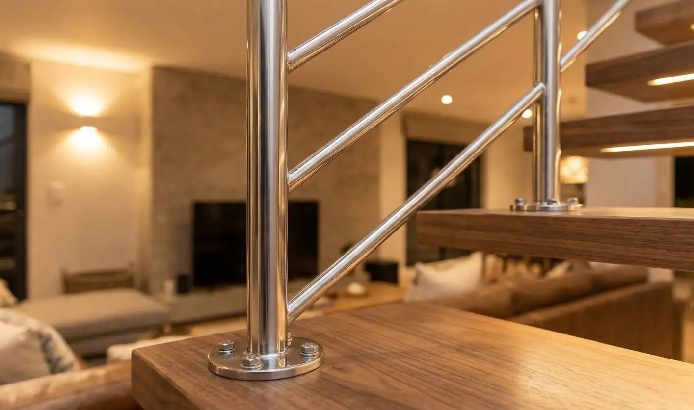 Close-up of stainless steel bolt-down stanchion base fixed to timber staircase tread with round tube handrail infill