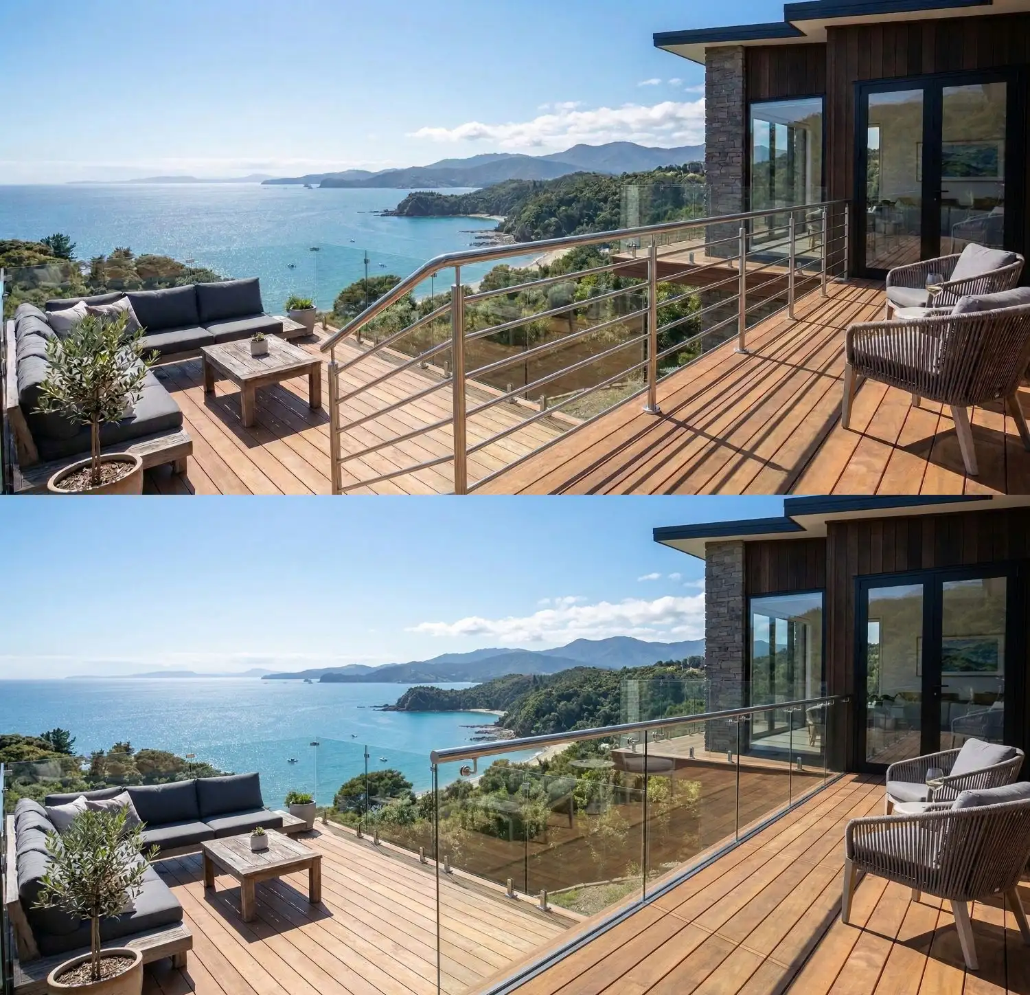 Side-by-side comparison of stainless steel round tube infill balustrade and glass panel infill balustrade on coastal timber decks overlooking the ocean