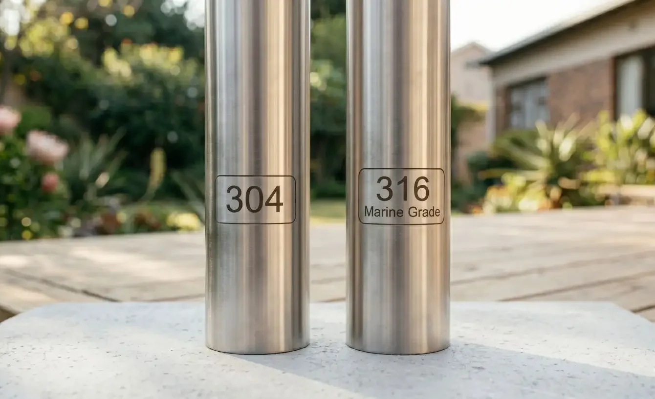 Side-by-side comparison of 304 and 316 marine grade stainless steel balustrade posts labelled outdoors in a South African garden