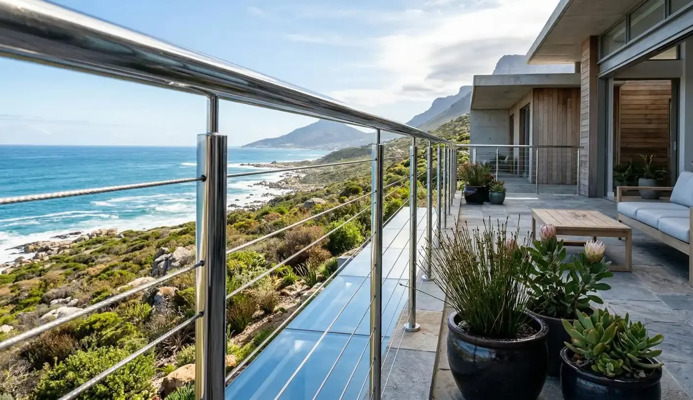 316 marine grade stainless steel cable balustrade on a coastal Cape Town home balcony with ocean and mountain views