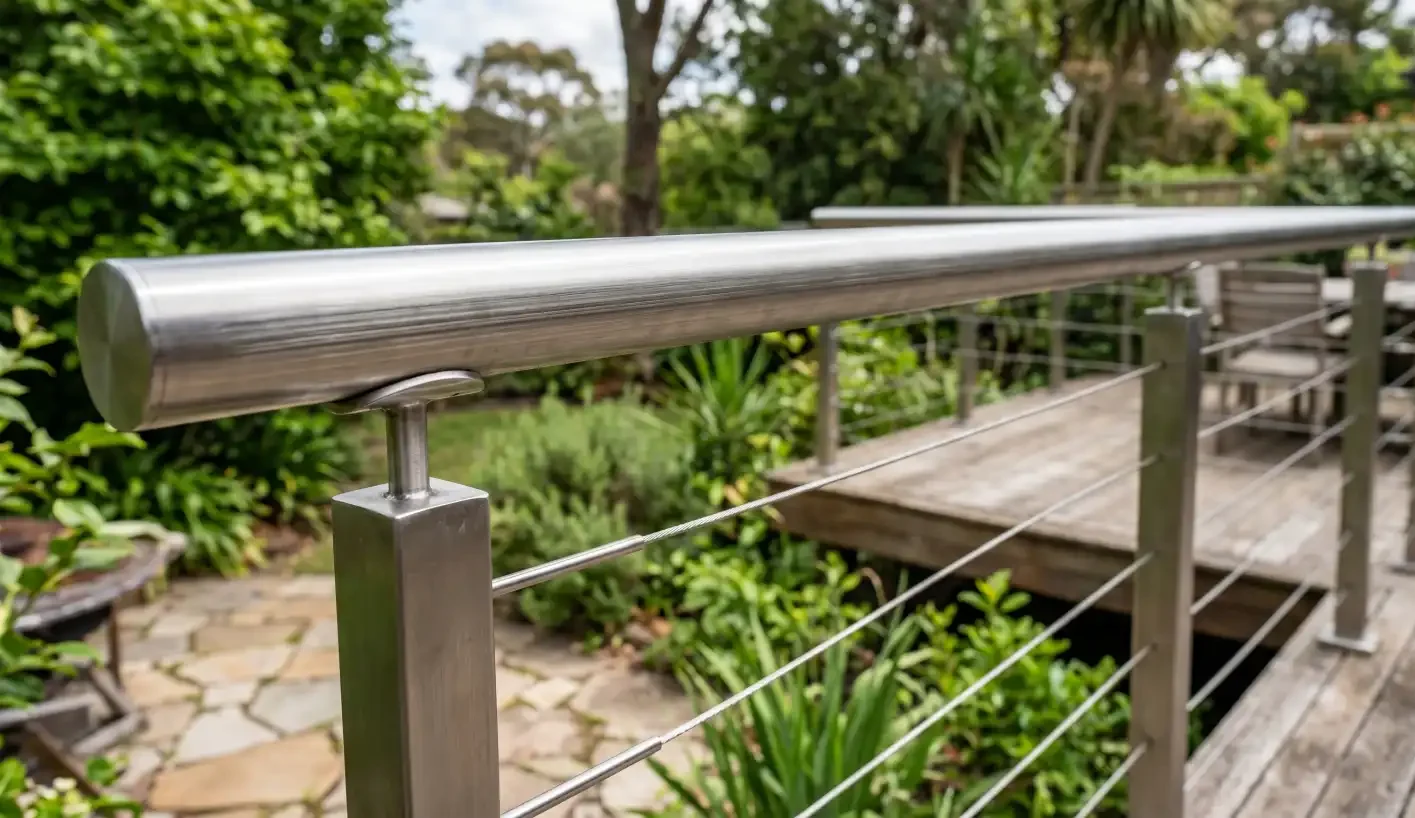 Close-up of a brushed satin stainless steel cable balustrade showing the round handrail end cap and square post on a garden timber deck