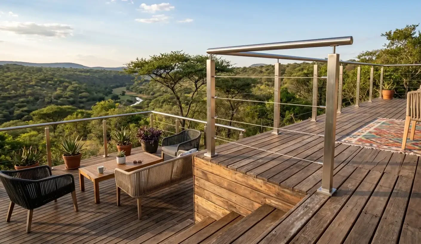 Brushed satin stainless steel cable balustrade on a timber deck overlooking a South African bushveld landscape