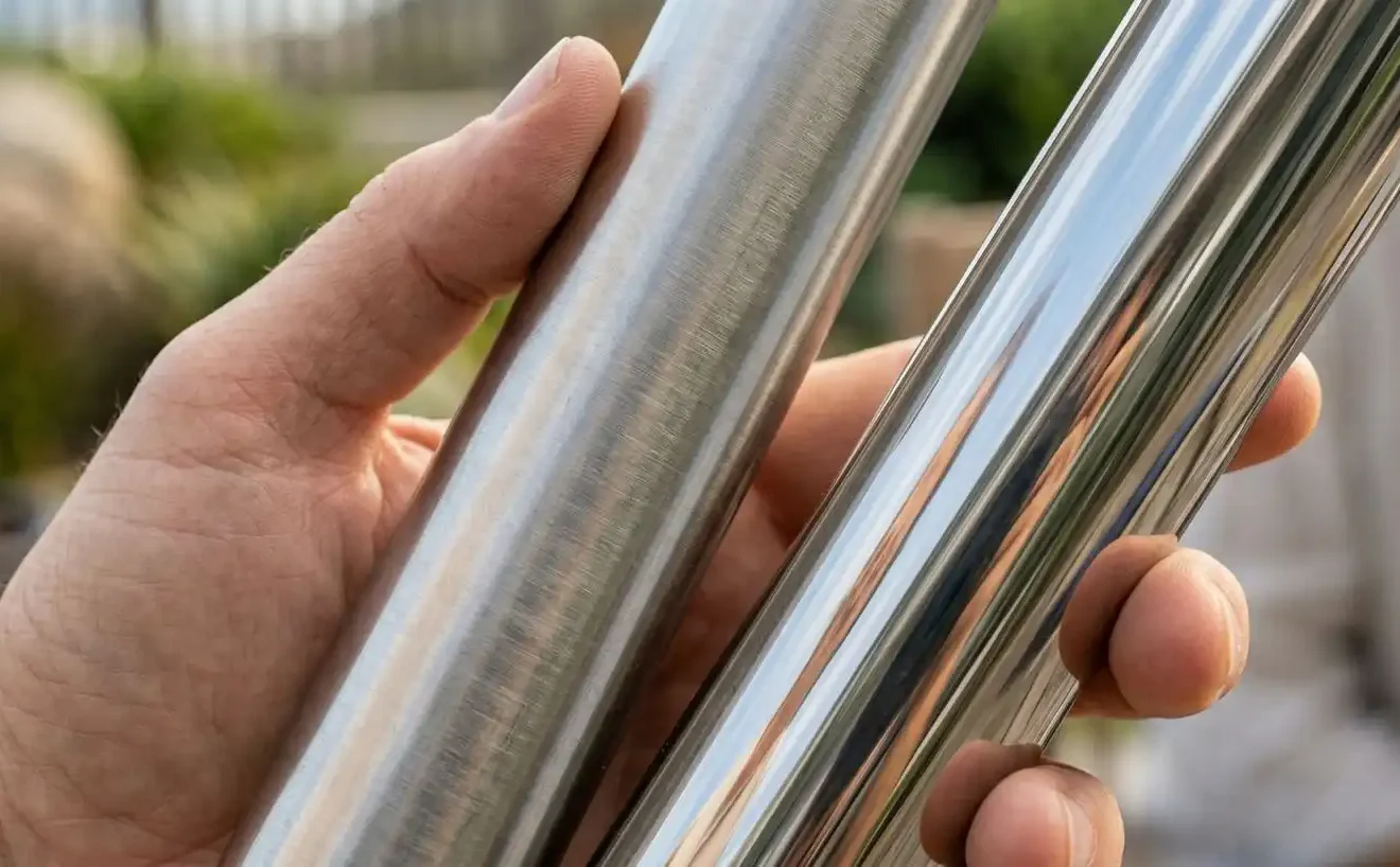 Close-up hand-held comparison of brushed satin and mirror polished stainless steel tube finishes side by side