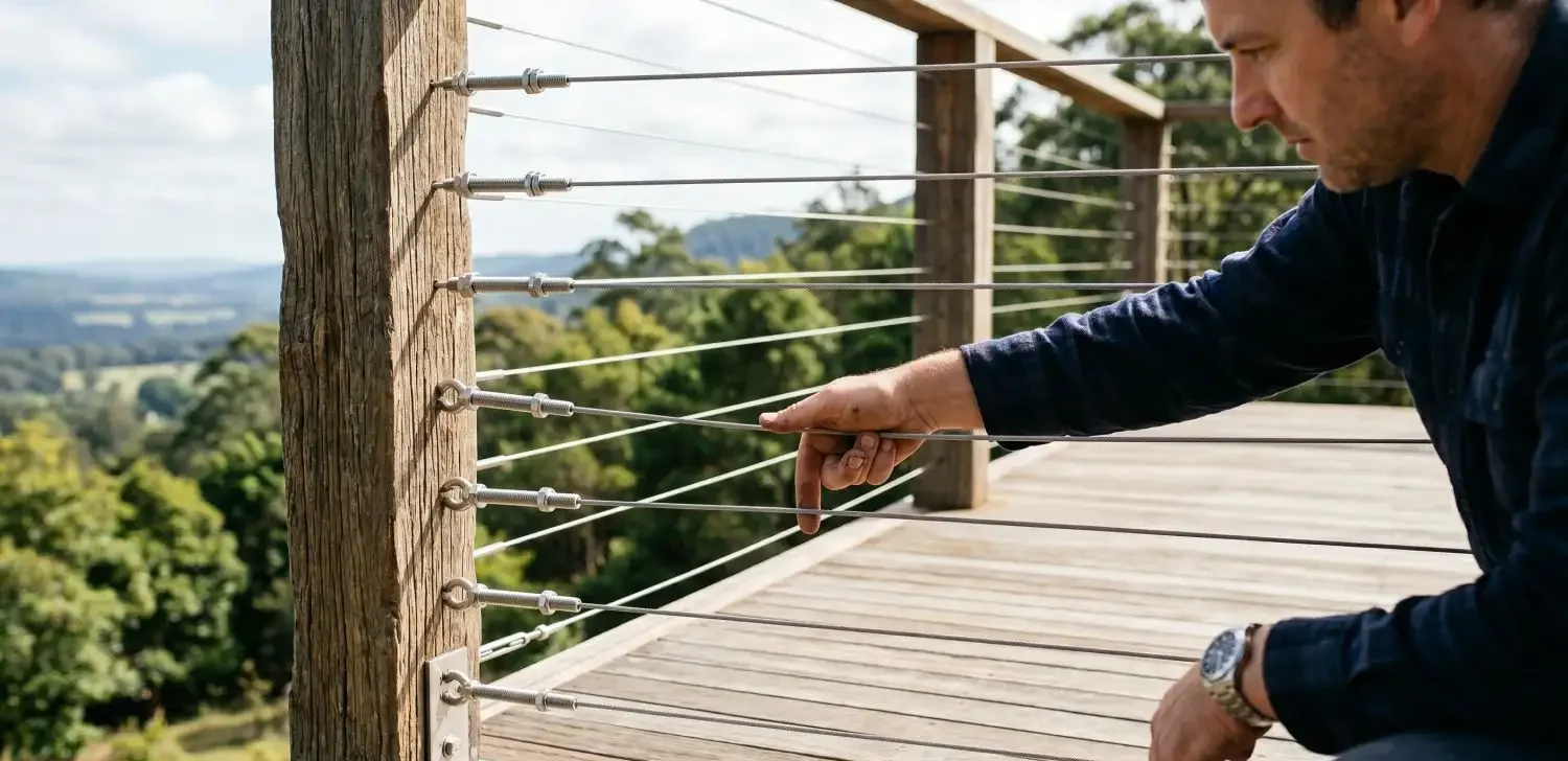 cMan checking stainless steel cable tension on a timber post deck balustrade showing threaded eye bolt tensioners on each cable run