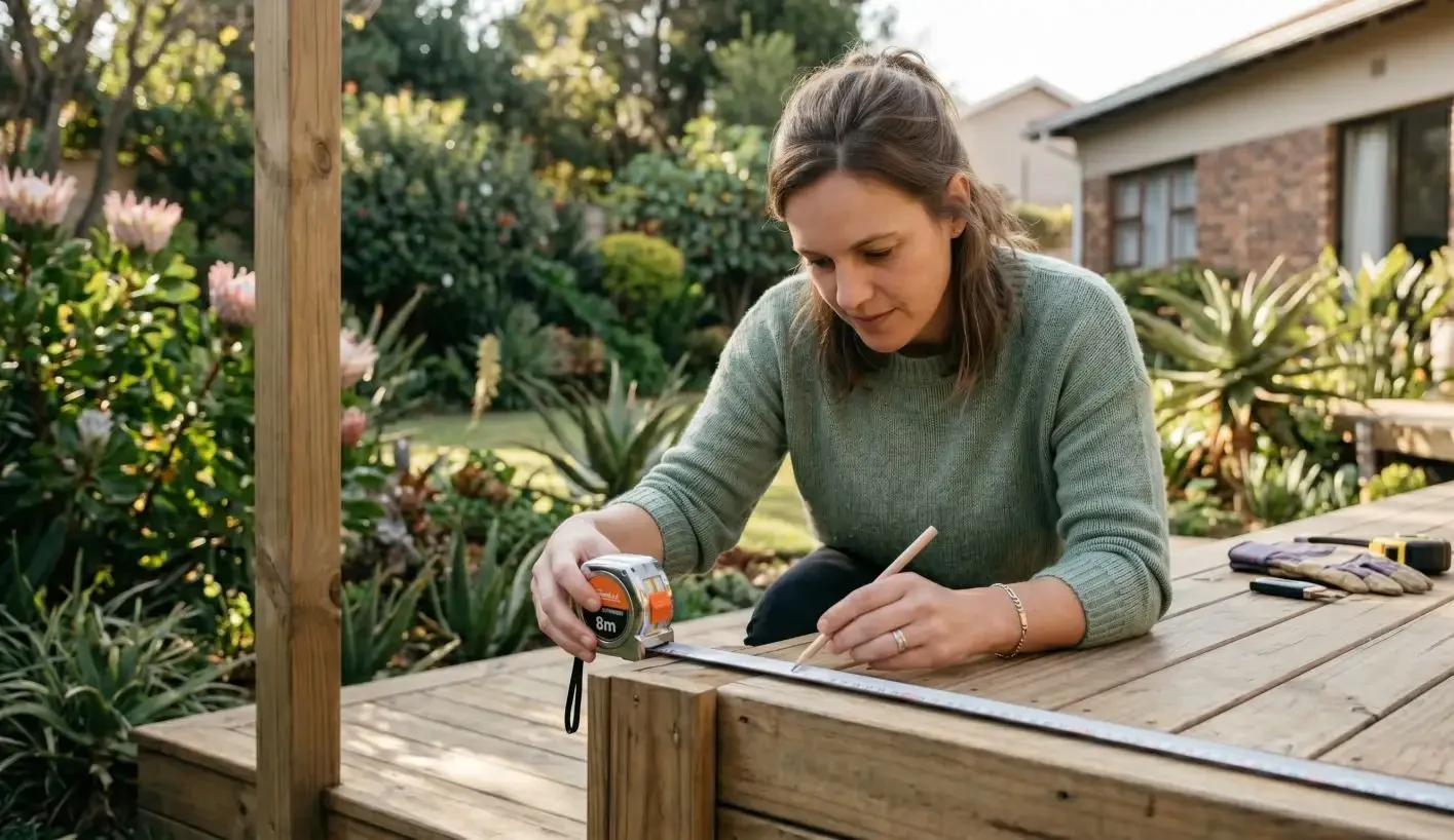 Homeowner measuring a timber deck with a tape measure and pencil in preparation for a DIY balustrade installation