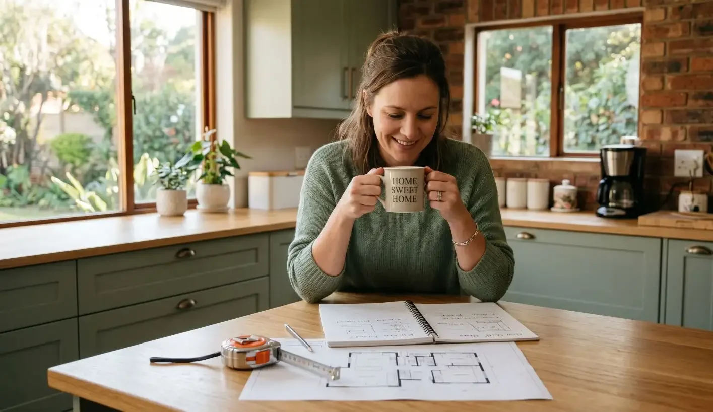 Homeowner smiling at a kitchen table planning a DIY balustrade project with floor plans, a notebook, and a tape measure