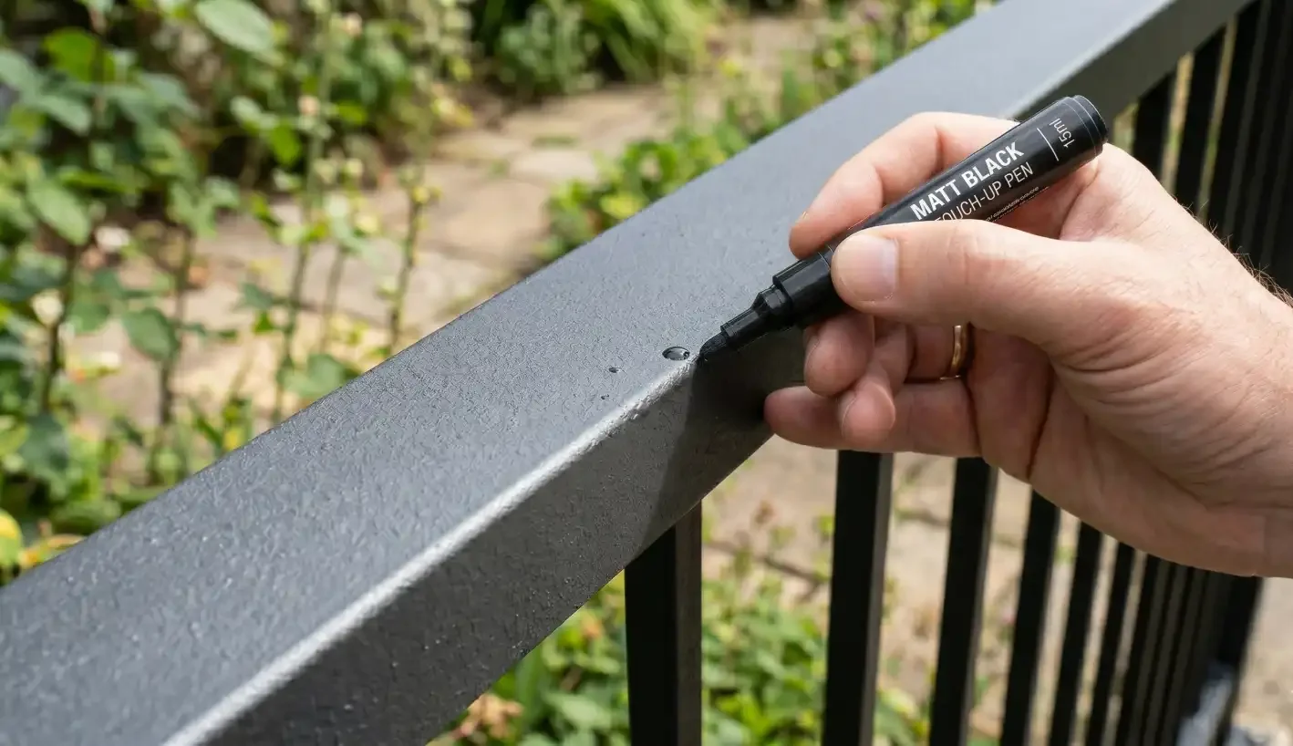Hand using a matt black touch-up pen to repair a chip on a powder-coated stainless steel balustrade handrail