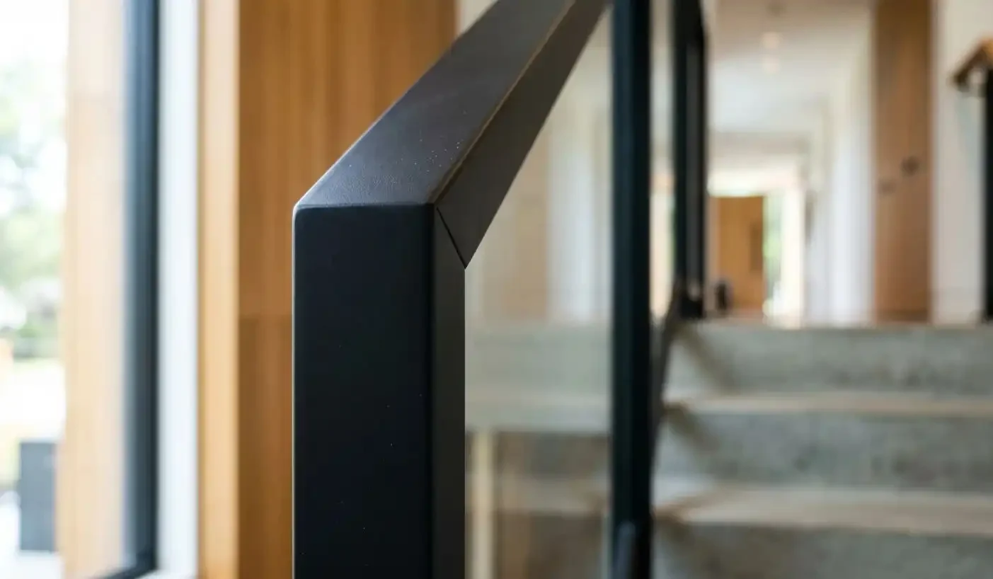 Close-up of a matt black powder-coated stainless steel square post and handrail on a modern indoor staircase