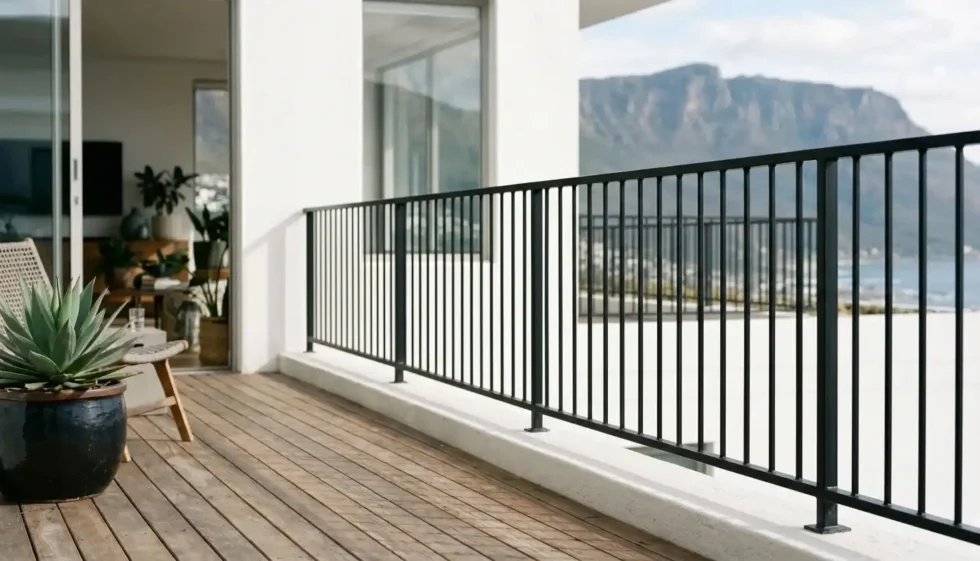 Matt black powder-coated stainless steel balustrade with tube infill on a Cape Town balcony with mountain and ocean views