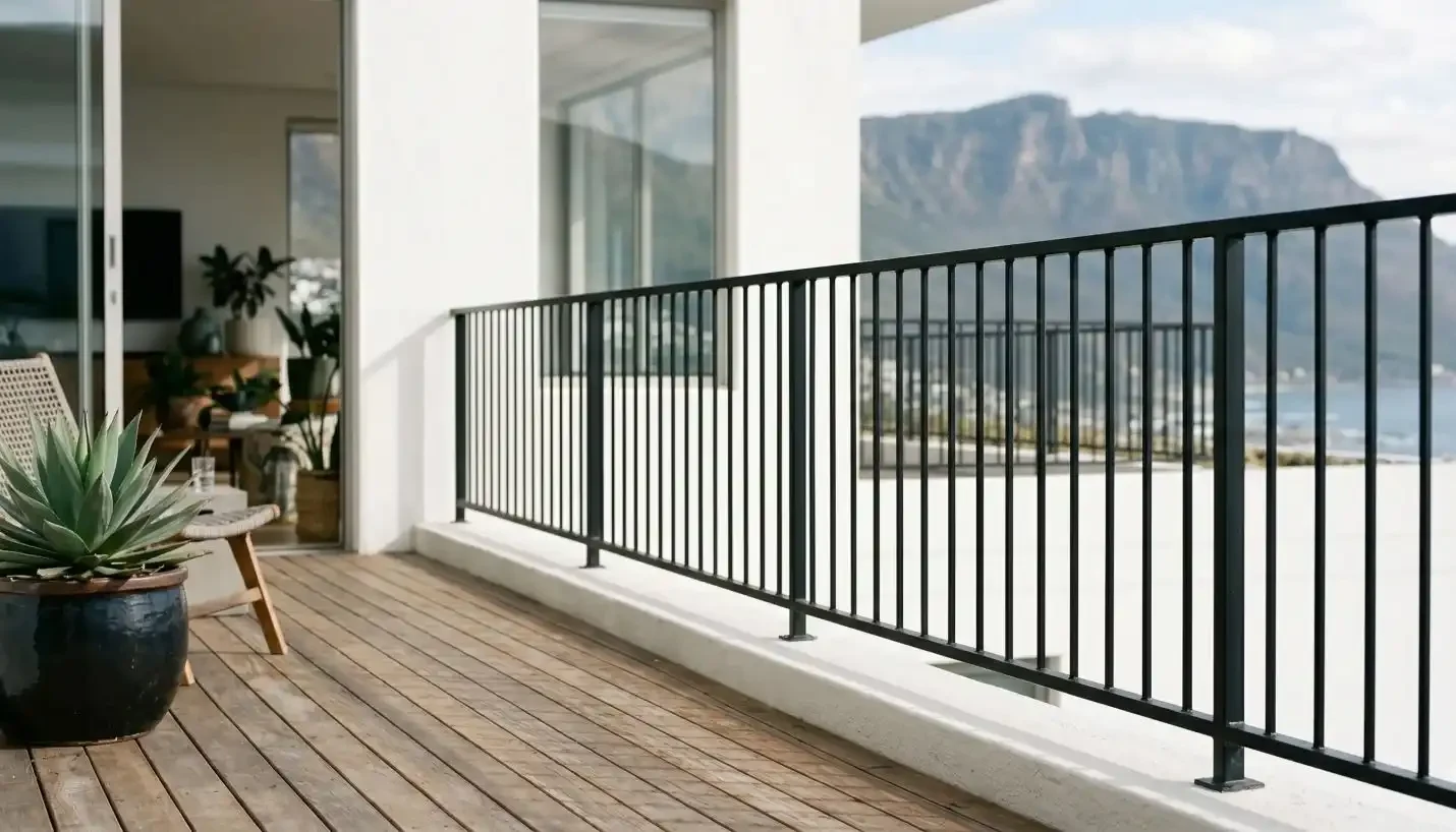 Matt black powder-coated stainless steel balustrade with tube infill on a Cape Town balcony with mountain and ocean views
