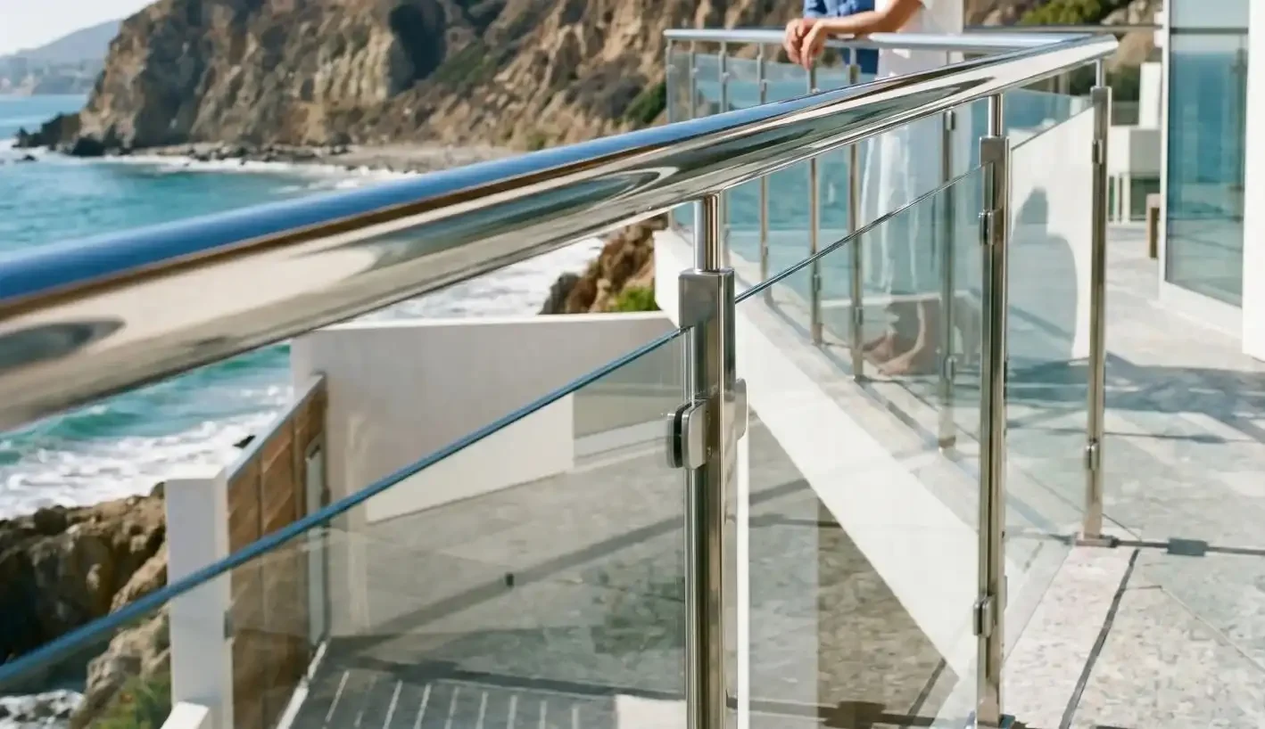 Mirror polished stainless steel balustrade with glass infill on a coastal home terrace reflecting surroundings