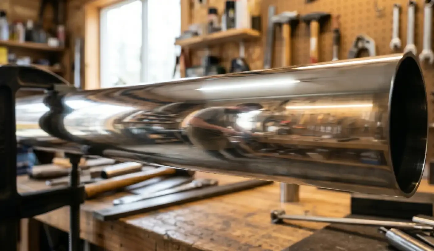 Mirror polished stainless steel round tube in a workshop showing a highly reflective chrome-like surface finish