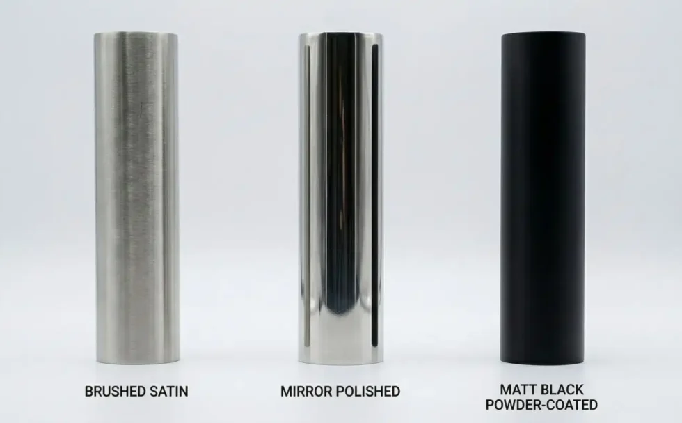 Side-by-side comparison of stainless steel balustrade tube finishes: brushed satin, mirror polished, and matt black powder-coated