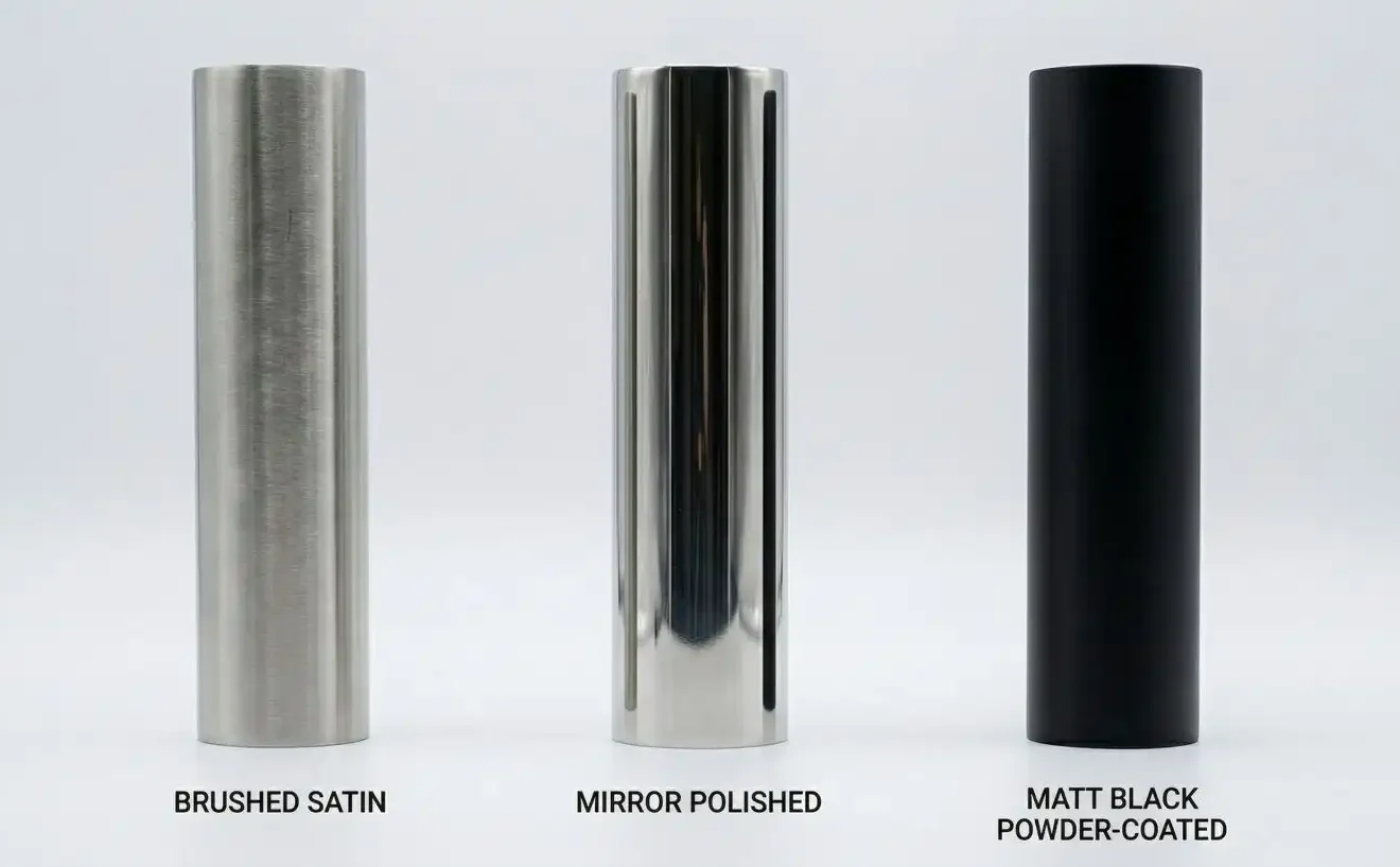 Side-by-side comparison of stainless steel balustrade tube finishes: brushed satin, mirror polished, and matt black powder-coated