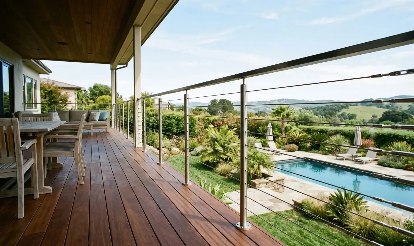 Stainless steel cable balustrade on a timber deck overlooking a landscaped garden and pool with visible cable tensioners on the end post