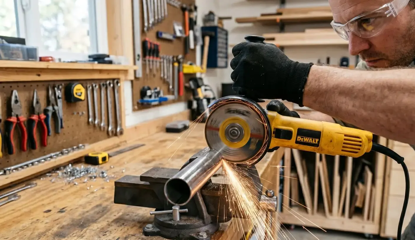 Man wearing safety glasses cutting a stainless steel balustrade tube in a vice with an angle grinder producing sparks in a workshop