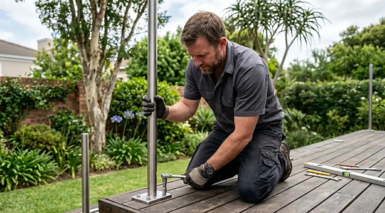 DIY homeowner bolting a stainless steel balustrade post base plate to a timber deck in a South African garden setting
