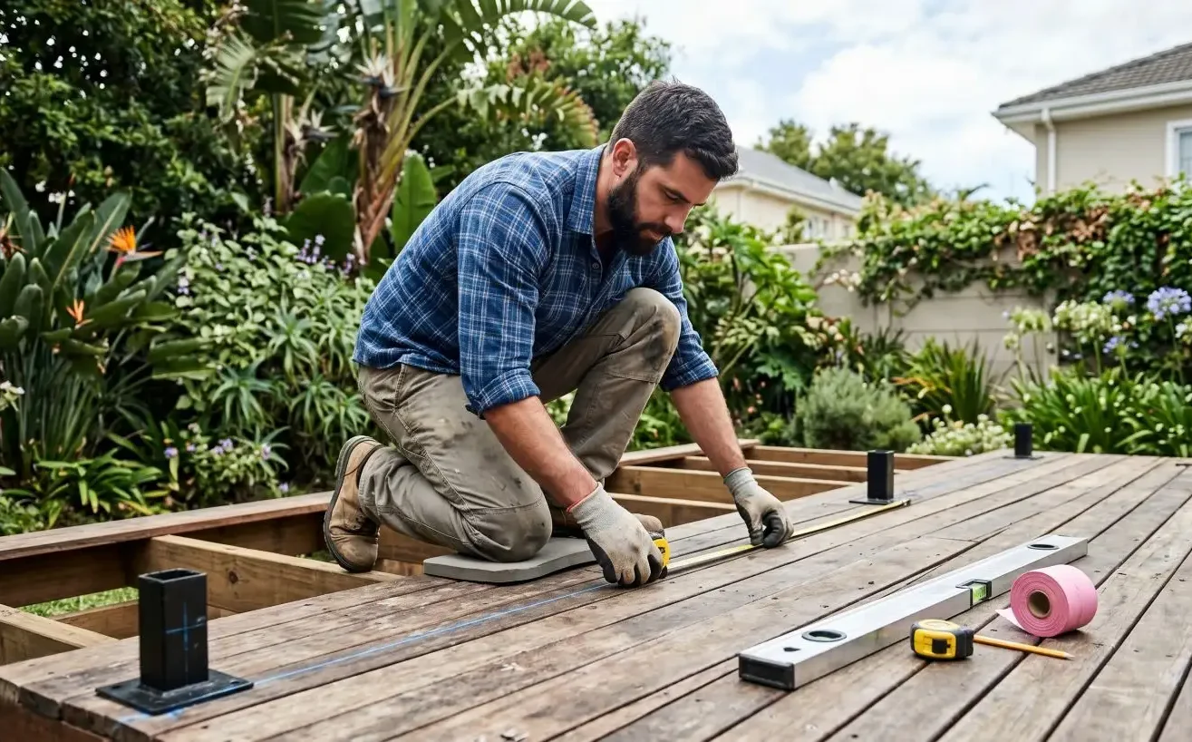 DIY homeowner measuring and marking balustrade post positions on a timber deck with a tape measure, spirit level, and chalk line in a South African garden