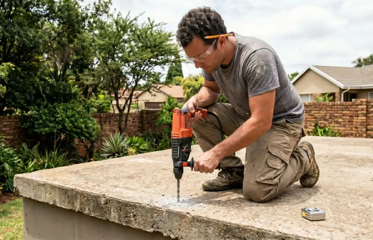 DIY homeowner drilling anchor fixing holes into a concrete balustrade base with a hammer drill in a South African garden setting