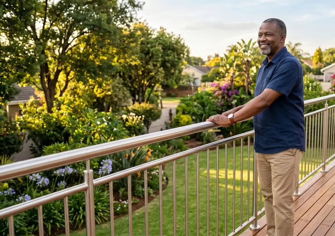 Smiling homeowner leaning on a completed DIY stainless steel tube infill balustrade on a timber deck overlooking a South African garden