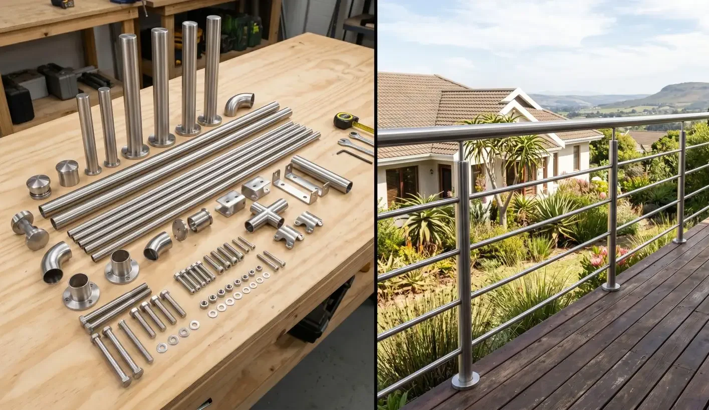 Split image showing stainless steel balustrade kit components laid out on a workshop bench alongside the completed tube infill balustrade installed on a South African deck
